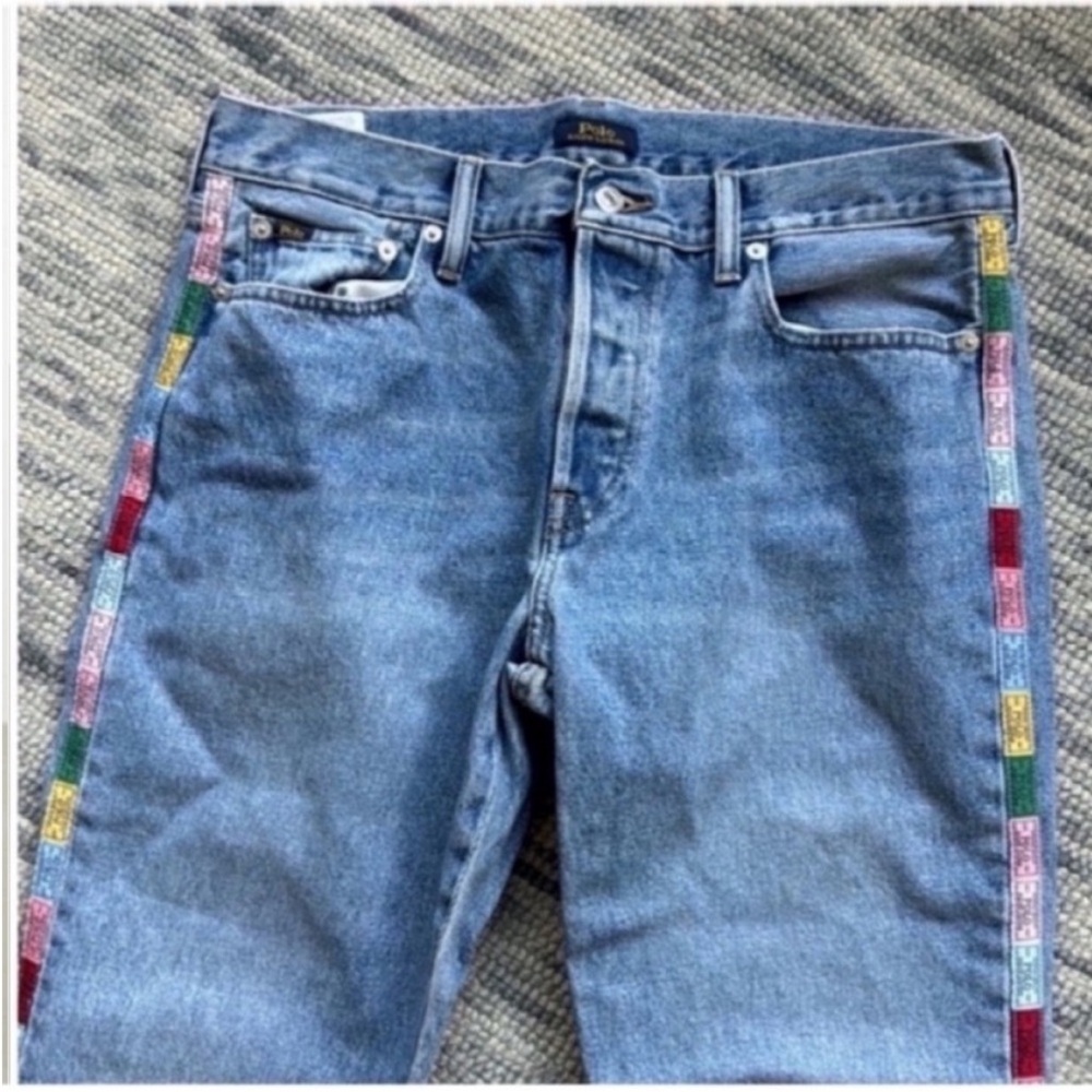 Polo Ralph Lauren Avery Boyfriend Light Blue Jeans with Colorful Stripes Seam - Picture 6 of 12